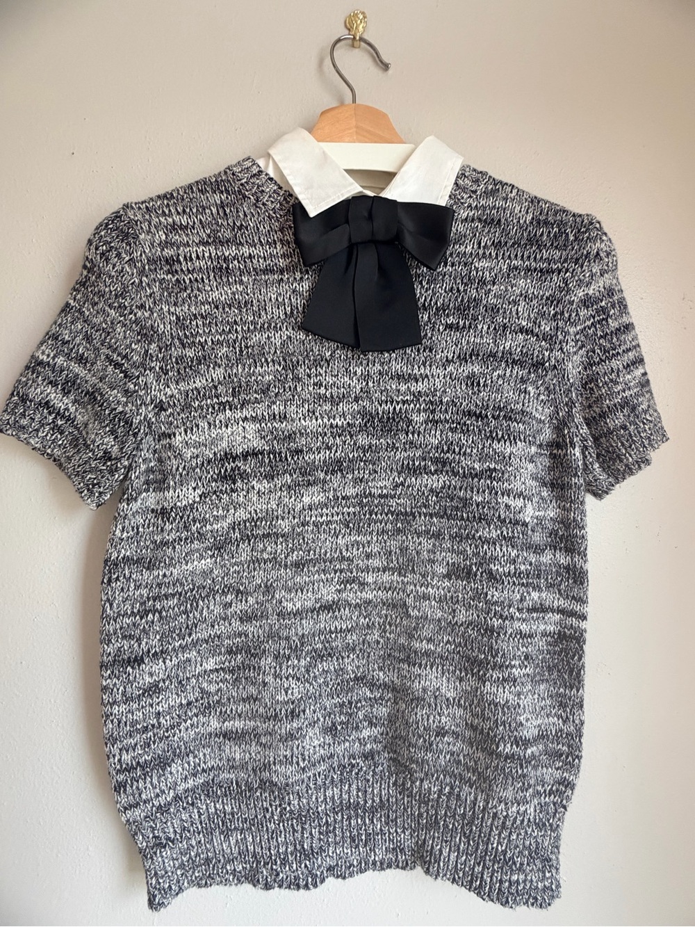 Kate Spade Black & White Short-Sleeve Crewneck Sweater, Removable Collar & Bow